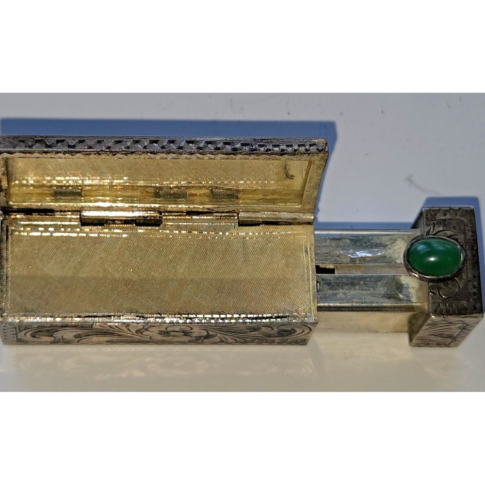 Vintage Italian Engraved Silver Lipstick Holder w Mirror & Green Cabochon - Picture 8 of 11